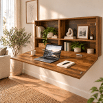 Teak Hida Wall Workstation foldable wall desk with storage